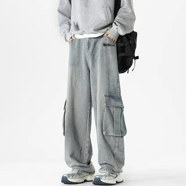 大卫贝肯 美式复古做旧水洗高街休闲宽松街头通勤基础百搭直筒工装大口袋秋季日常无性别主义弯刀牛仔裤 男女同款