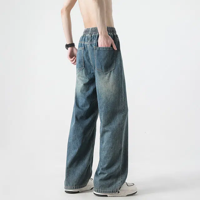 大卫贝肯 夏季冰丝男透气薄款美式高街百搭水洗慵懒风宽松直筒牛仔裤 男女同款