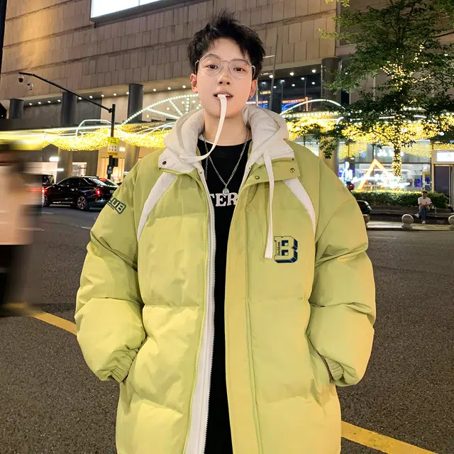 大卫贝肯 美式复古高街保暖宽松休闲简约拼接撞色外套连帽防寒保暖加厚假两件棉服 男女同款