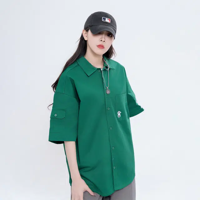 大卫贝肯 卡通倒霉熊字母印花贴袋落肩宽松休闲短袖衬衫 男女同款