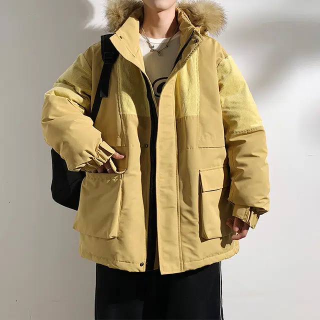 大卫贝肯 美式复古高街设计感宽松休闲撞色加厚保暖连帽毛领防寒棉服 男女同款