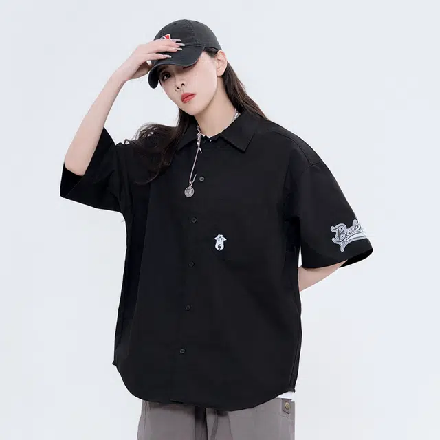 大卫贝肯 卡通倒霉熊字母印花贴袋落肩宽松休闲短袖衬衫 男女同款