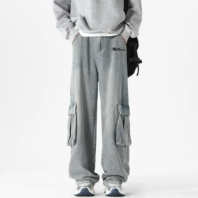 大卫贝肯 美式复古做旧水洗高街休闲宽松街头通勤基础百搭直筒工装大口袋秋季日常无性别主义弯刀牛仔裤 男女同款