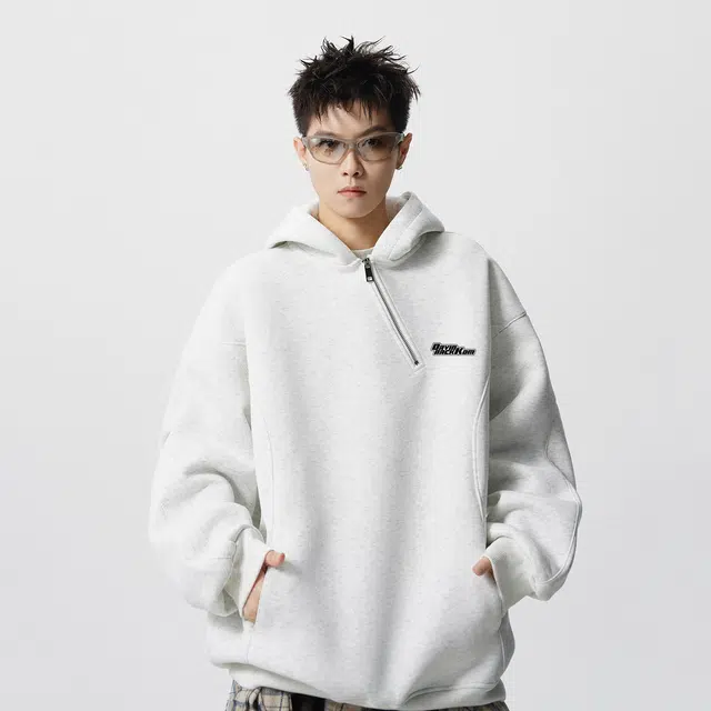 大卫贝肯 美式复古小众高级感纯色半拉链领口上衣男秋季重磅设计感宽松舒适休闲百搭情侣款帽衫卫衣 男女同款