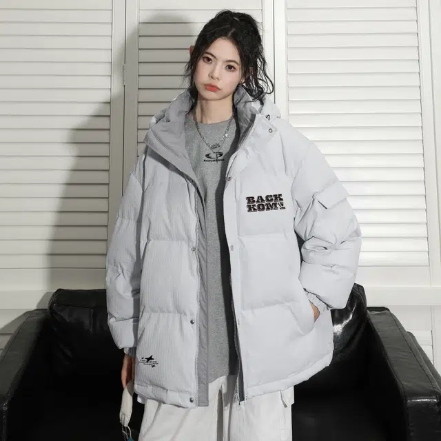 大卫贝肯 美式高街学院风宽松休闲连帽保暖设计感面包羽绒服 男女同款