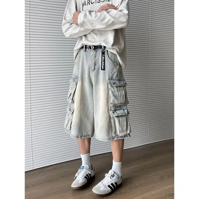 大卫贝肯 时尚高街美式中腰基础款百搭宽松七分裤牛仔短裤 男女同款 浅蓝色