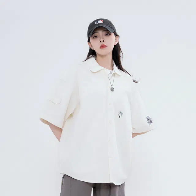 大卫贝肯 卡通倒霉熊字母印花贴袋落肩宽松休闲短袖衬衫 男女同款