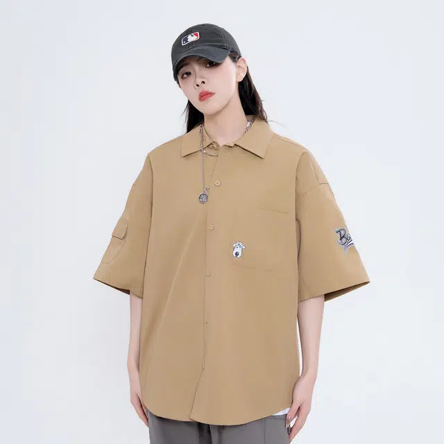 大卫贝肯 卡通倒霉熊字母印花贴袋落肩宽松休闲短袖衬衫 男女同款