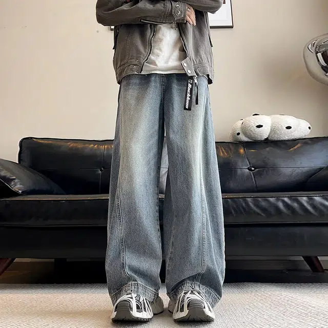 大卫贝肯 拼接高街设计感美式舒适重工百搭宽松设计感青春日常通勤学院风无性别主义嘻哈街头长裤牛仔裤 男女同款 蓝色