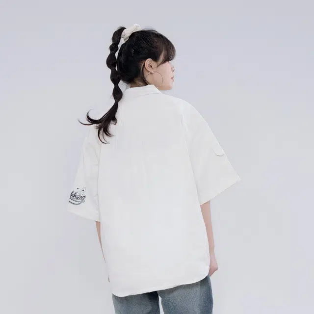 大卫贝肯 卡通倒霉熊字母印花贴袋落肩宽松休闲短袖衬衫 男女同款