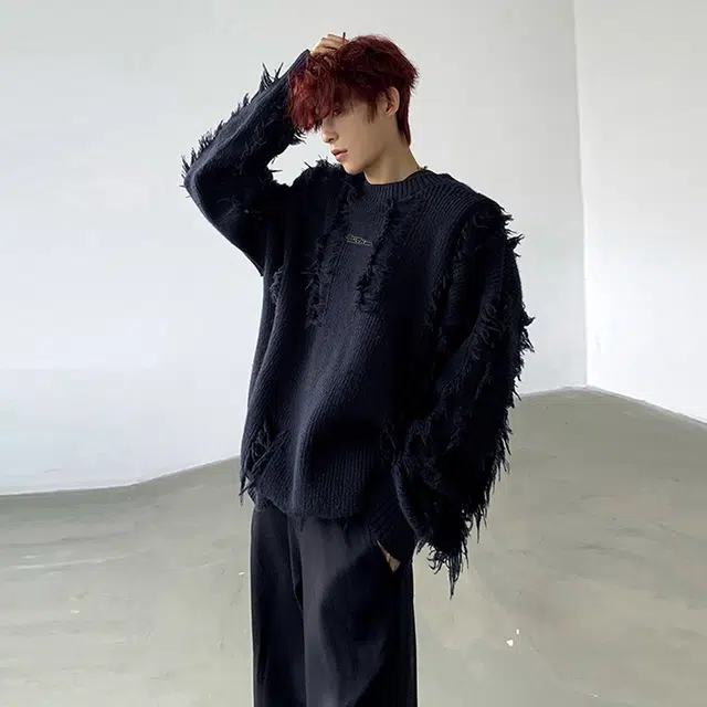 大卫贝肯 美式复古破洞秋冬流苏字母印花针织小众穿搭慵懒休闲宽松设计感高级感圆领落肩套头长袖毛衣 男女同款