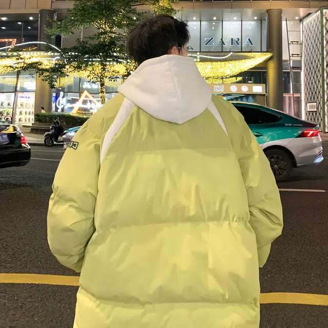 大卫贝肯 美式复古高街保暖宽松休闲简约拼接撞色外套连帽防寒保暖加厚假两件棉服 男女同款