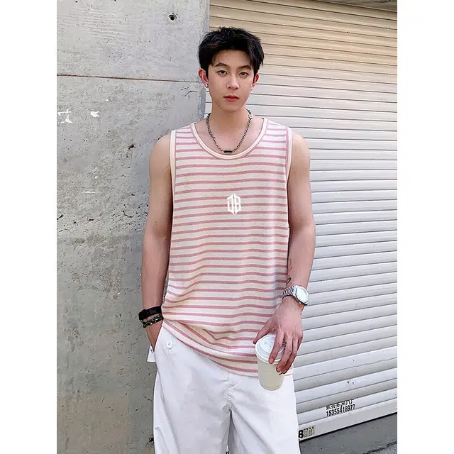 大卫贝肯 美式潮牌高街复古条纹拼色设计高级痞帅时尚百搭运动常规宽松直筒圆领适中薄款速干套头无袖背心 男女同款