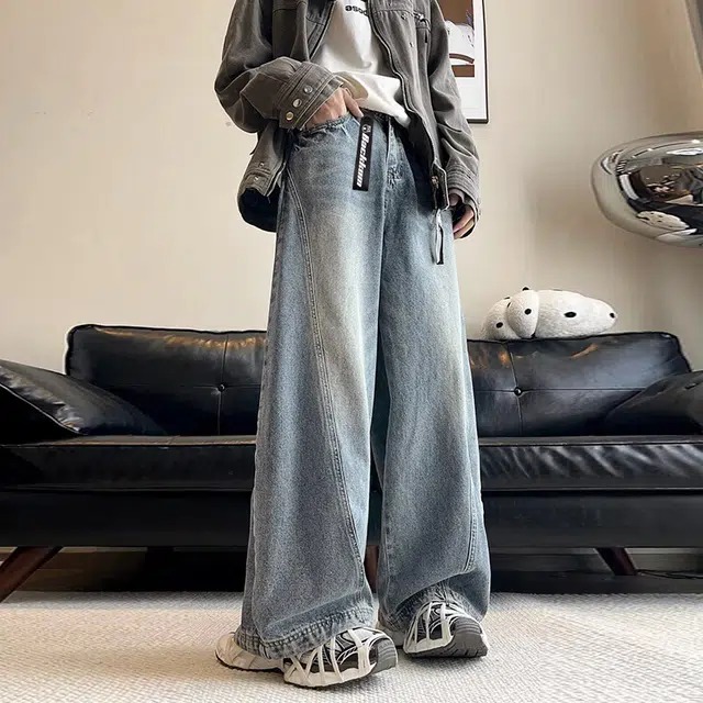 大卫贝肯 拼接高街设计感美式舒适重工百搭宽松设计感青春日常通勤学院风无性别主义嘻哈街头长裤牛仔裤 男女同款 蓝色