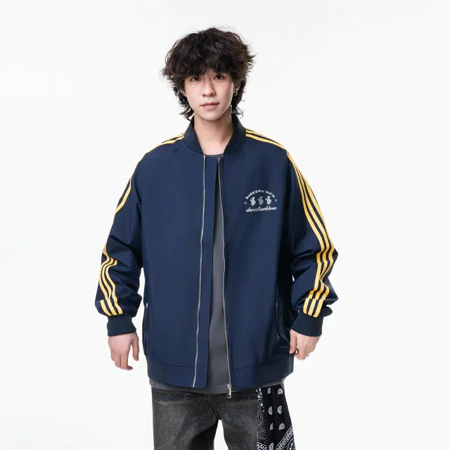 大卫贝肯 美式街头侧边拼色三条杠条纹设计棒球领户外机能休闲宽松百搭痞帅飞行员教练夹克外套 男女同款