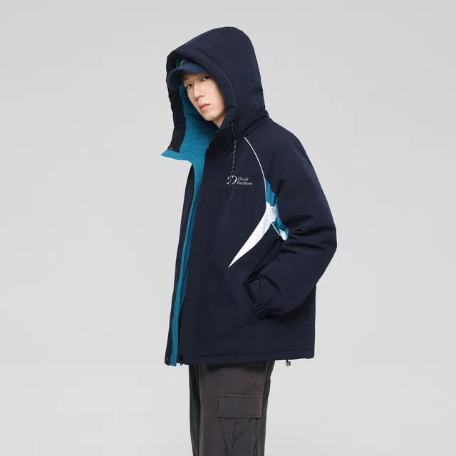 大卫贝肯 美式复古潮流时尚字母印花休闲宽松保暖防风面包服纯色连帽羽绒服 男女同款 黑色