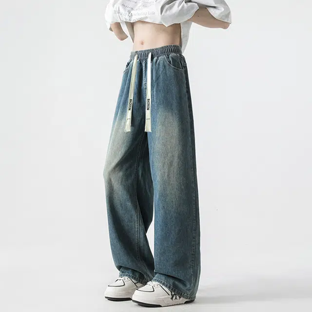 大卫贝肯 夏季冰丝男透气薄款美式高街百搭水洗慵懒风宽松直筒牛仔裤 男女同款