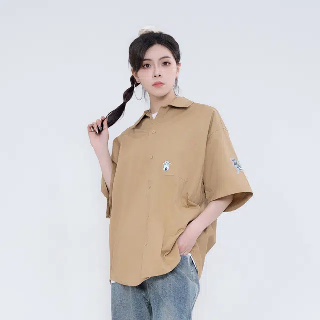 大卫贝肯 卡通倒霉熊字母印花贴袋落肩宽松休闲短袖衬衫 男女同款