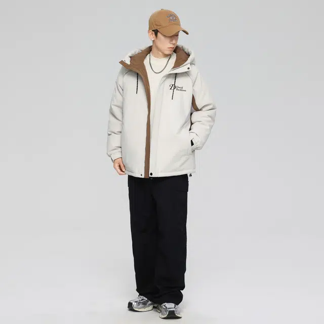 大卫贝肯 美式复古潮流时尚字母印花休闲宽松保暖防风面包服纯色连帽羽绒服 男女同款 黑色