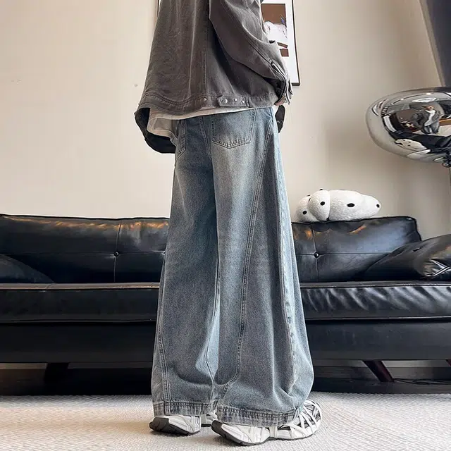 大卫贝肯 拼接高街设计感美式舒适重工百搭宽松设计感青春日常通勤学院风无性别主义嘻哈街头长裤牛仔裤 男女同款 蓝色