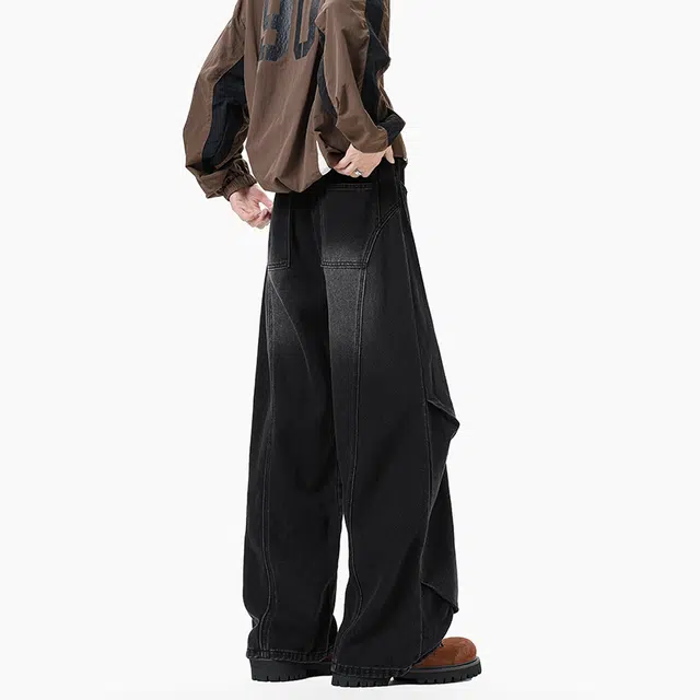 大卫贝肯 美式复古潮牌水洗做旧直筒腰带字母刺绣百搭宽松阔腿牛仔裤 男女同款