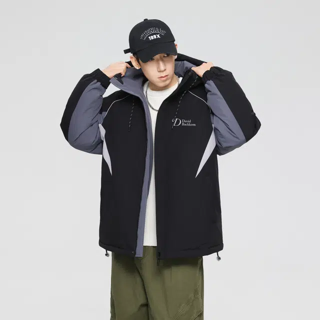 大卫贝肯 美式复古潮流时尚字母印花休闲宽松保暖防风面包服纯色连帽羽绒服 男女同款 黑色
