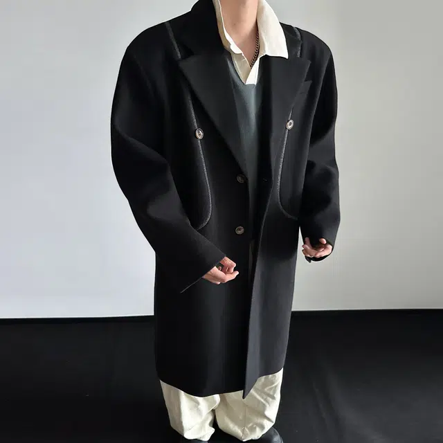 大卫贝肯 韩系纯色基础长款过膝美拉德宽松舒适分割设计弧形结构保暖外套英伦百搭落肩翻领毛呢大衣 男女同款