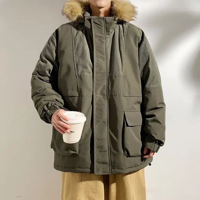 大卫贝肯 美式复古高街设计感宽松休闲撞色加厚保暖连帽毛领防寒棉服 男女同款