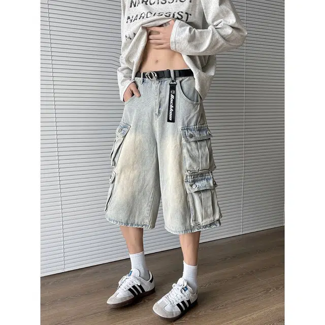 大卫贝肯 时尚高街美式中腰基础款百搭宽松七分裤牛仔短裤 男女同款 浅蓝色