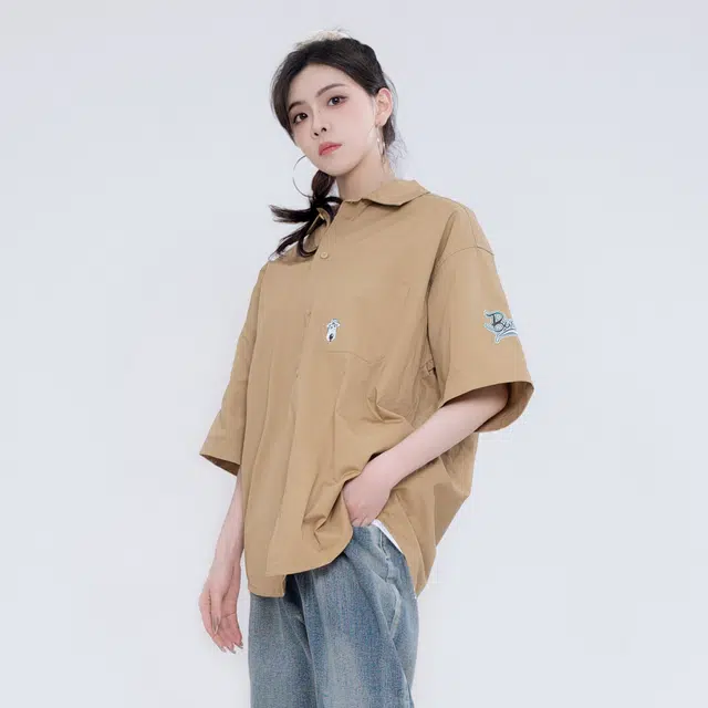 大卫贝肯 卡通倒霉熊字母印花贴袋落肩宽松休闲短袖衬衫 男女同款