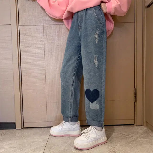 唐狮童装 爱心中腰阔腿牛仔裤 儿童款 中牛仔蓝