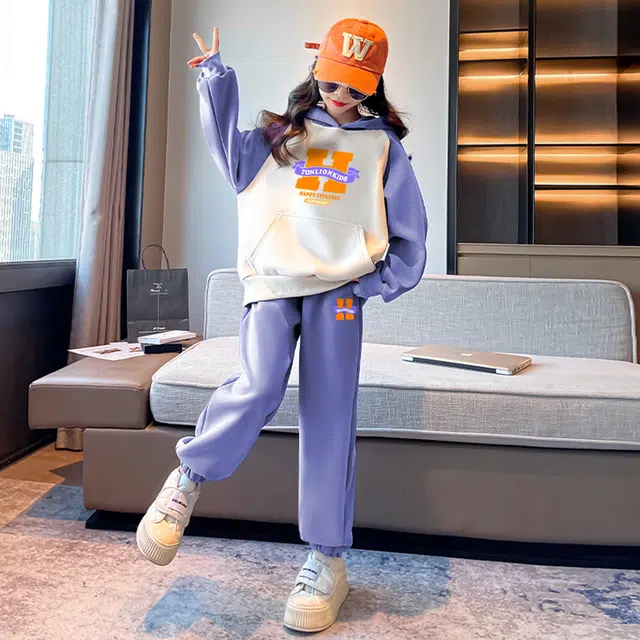 唐狮童装 加绒加厚插肩卫衣束脚卫裤休闲运动套装 儿童款 浅紫色
