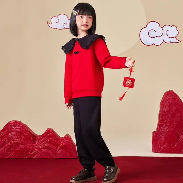 唐狮童装 翻领套头加绒加厚长袖卫衣纯色松紧腰束脚长裤休闲运动套装 儿童款 红色
