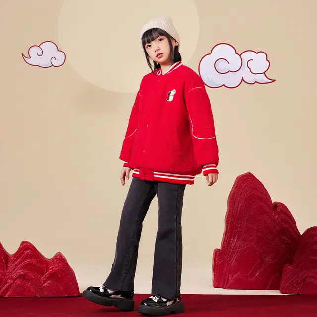 唐狮童装 棒球领加绒加厚单排扣绒感外套 儿童款 红色
