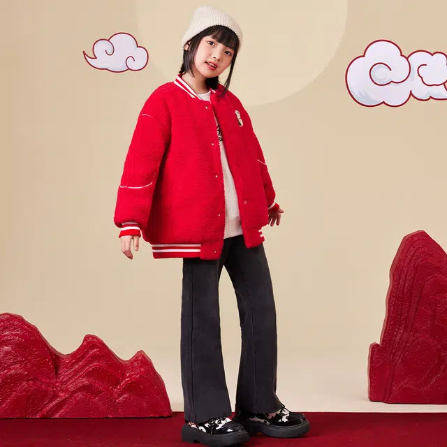 唐狮童装 棒球领加绒加厚单排扣绒感外套 儿童款 红色