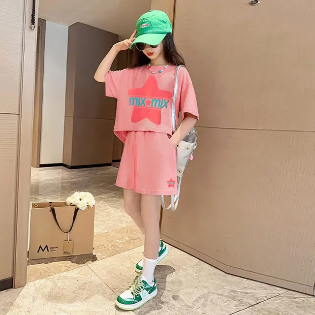 唐狮童装 字母星星图案圆领短袖上衣松紧腰短裤休闲运动套装 儿童款 粉红色