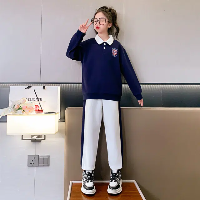 唐狮童装 简约字母套头长袖上衣松紧腰束脚长裤休闲运动套装 儿童款 藏青色