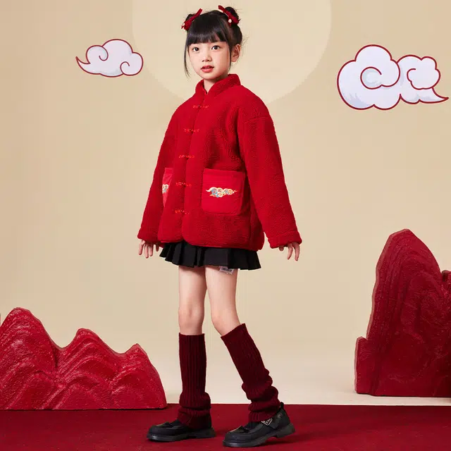 唐狮童装 新中式立领保暖休闲长袖绒感外套 儿童款 红色