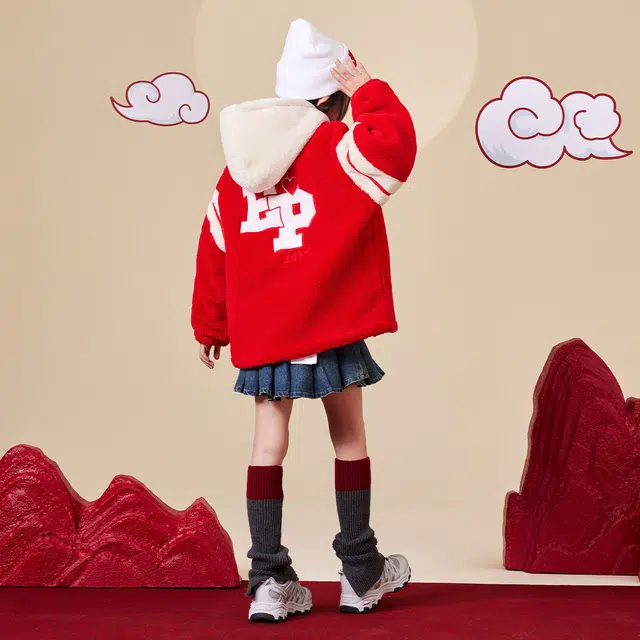 唐狮童装 字母爱心连帽加绒加厚拉链休闲长袖绒感外套 儿童款 红色