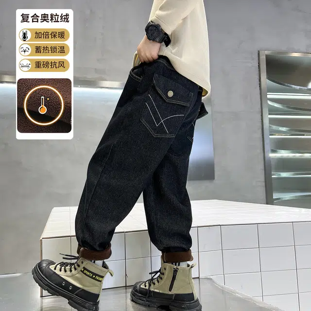 唐狮童装 复古松紧腰直筒宽松休闲牛仔裤 儿童款 黑色
