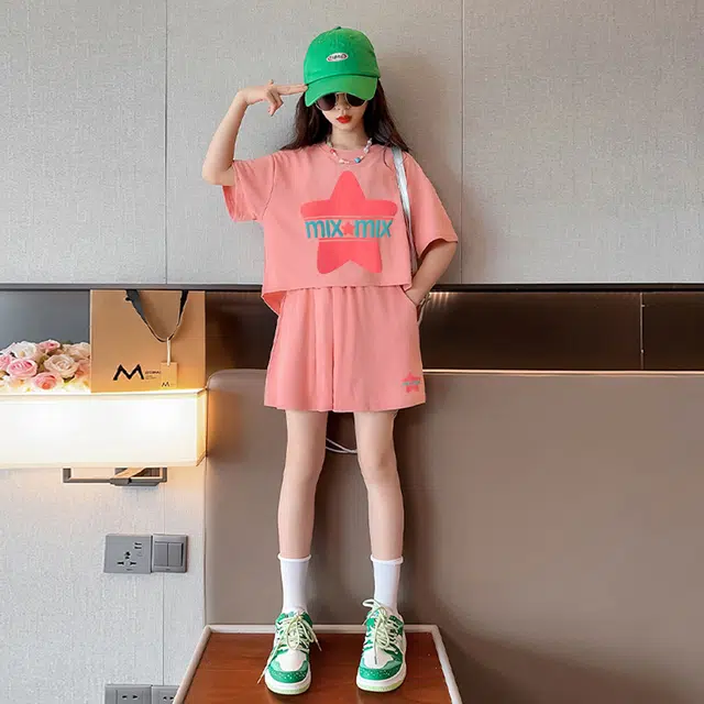 唐狮童装 字母星星图案圆领短袖上衣松紧腰短裤休闲运动套装 儿童款 粉红色