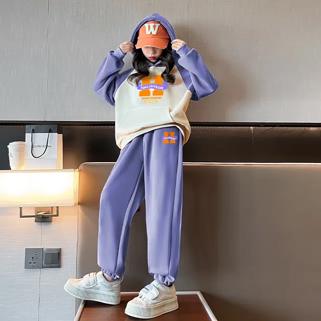 唐狮童装 加绒加厚插肩卫衣束脚卫裤休闲运动套装 儿童款 浅紫色