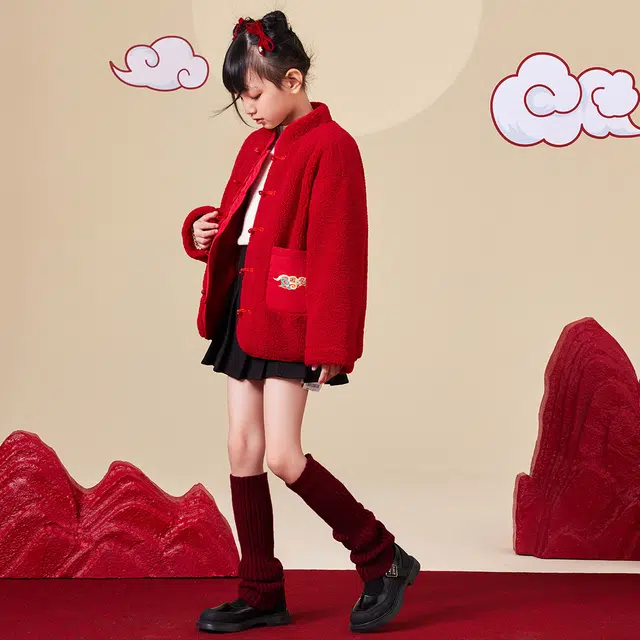 唐狮童装 新中式立领保暖休闲长袖绒感外套 儿童款 红色