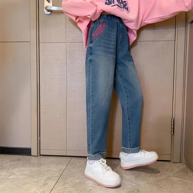 唐狮童装 宽松直筒裤洋气松紧腰牛仔裤 儿童款 中牛仔蓝