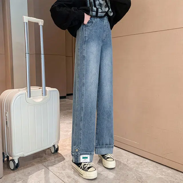 唐狮童装 松紧腰洋气简约舒适纯色休闲牛仔裤 青少年 深牛仔蓝