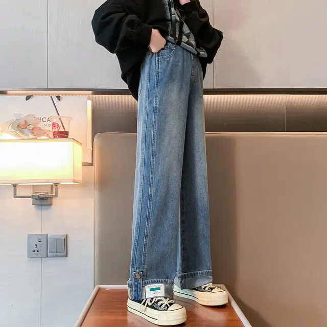唐狮童装 松紧腰洋气简约舒适纯色休闲牛仔裤 青少年 深牛仔蓝