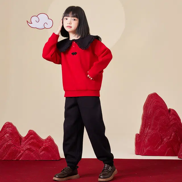 唐狮童装 翻领套头加绒加厚长袖卫衣纯色松紧腰束脚长裤休闲运动套装 儿童款 红色