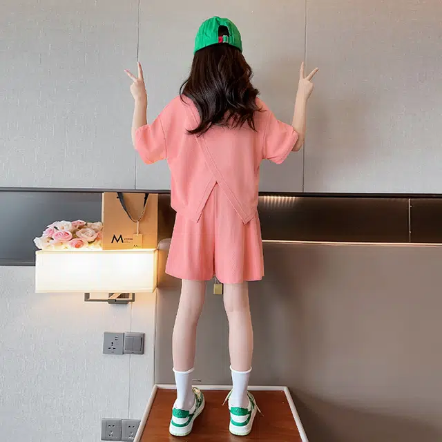 唐狮童装 字母星星图案圆领短袖上衣松紧腰短裤休闲运动套装 儿童款 粉红色