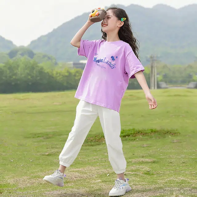 唐狮童装 舒适柔软轻盈宽松透气休闲运动套装 儿童款 浅紫色