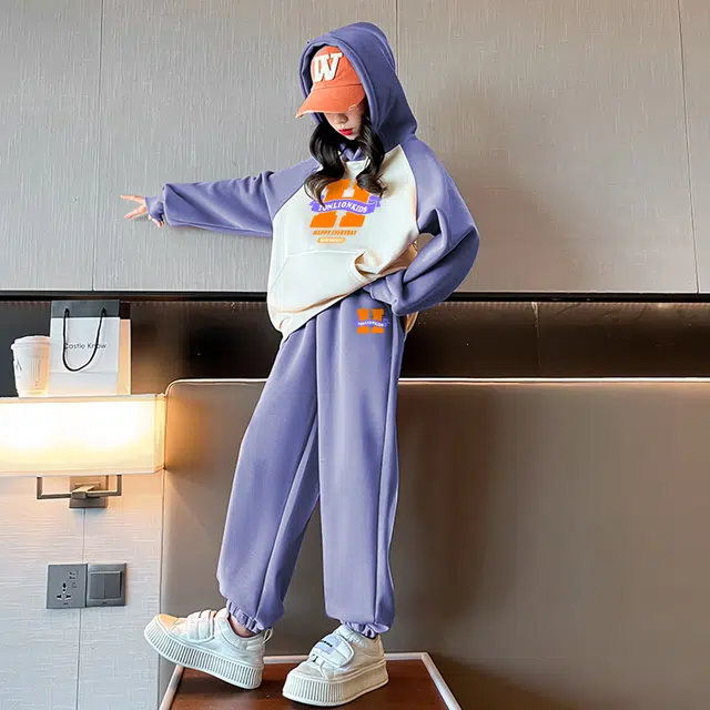 唐狮童装 加绒加厚插肩卫衣束脚卫裤休闲运动套装 儿童款 浅紫色